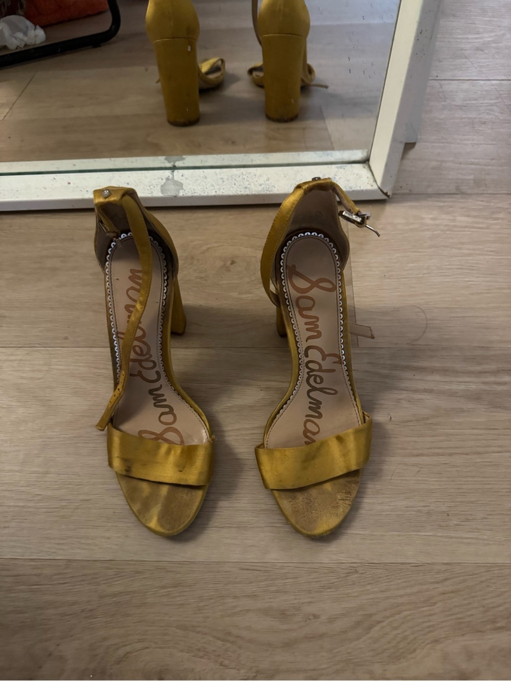 Sam Edelman Yellow Satin Ankle-Strap Block Heels